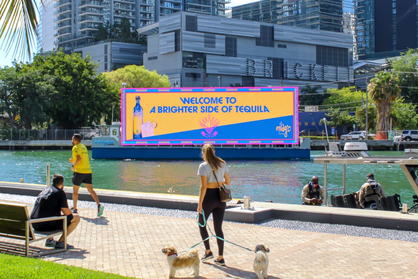 outdoor advertising in Brickell Miami and the Miami River with Milagro Tequila.