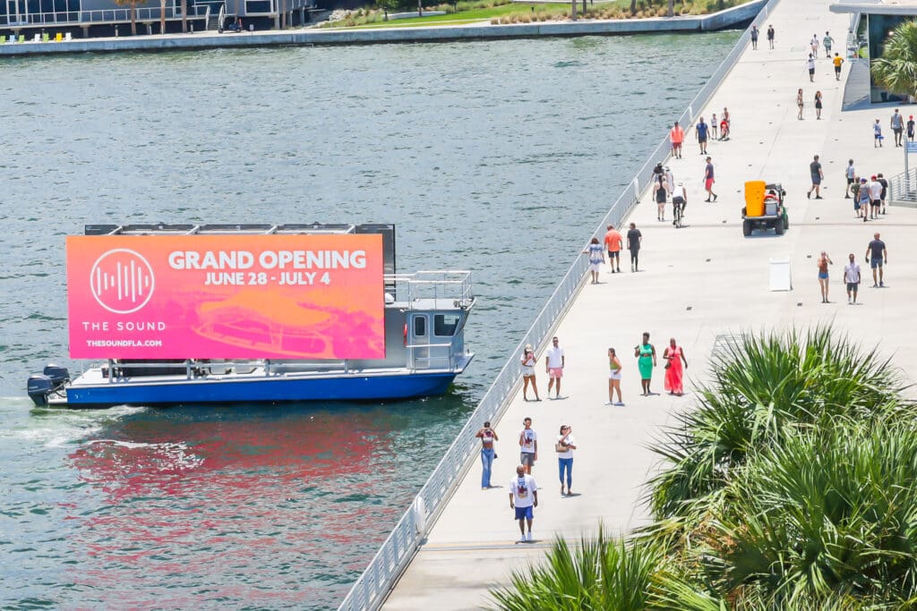 Floating billboard at the St. Pete pier advertising Eckerd Hall.