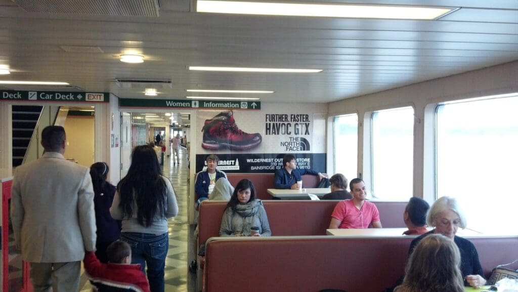 Out-of-home advertising on a cabin wall onboard the Washington State Ferry for North Face.