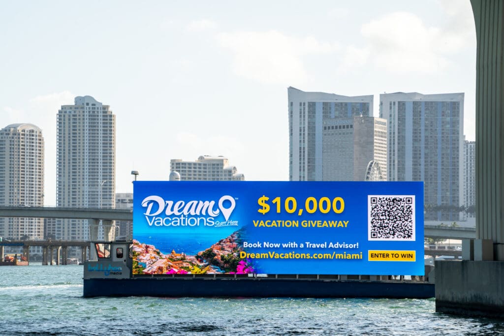 Floating billboard of a digital advertisement for Dream Vacations.