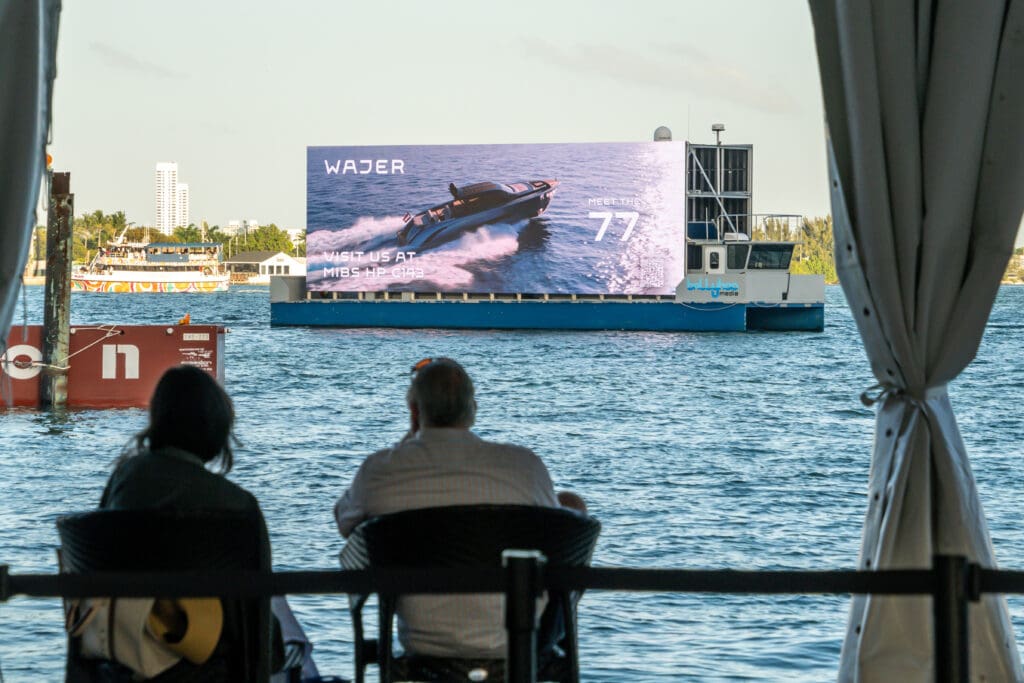A floating billboard advertisement of Wajer at the Miami International Boat Show.