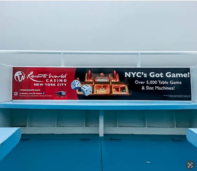 Resorts world outdoor advertising on ferry seating in fire island, new york
