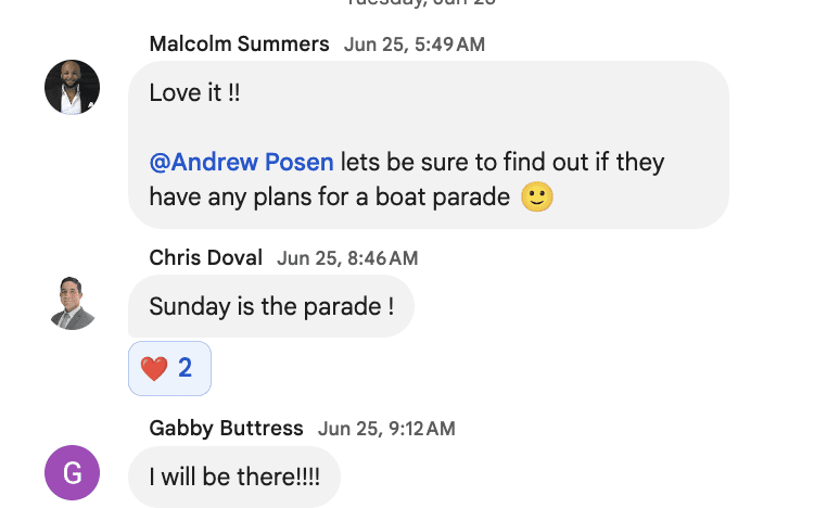 Google chat messages between our team discussing the Panthers Parade