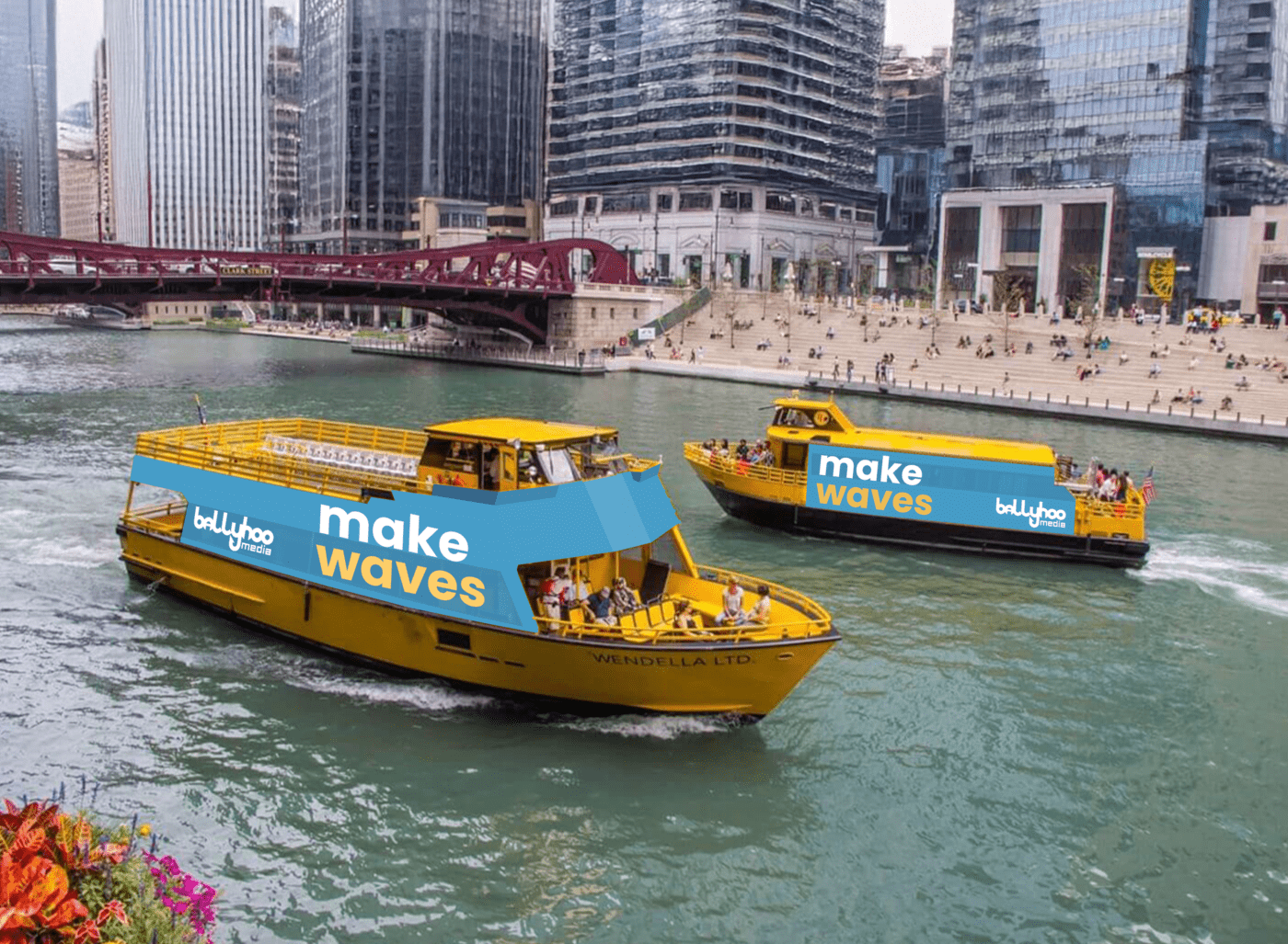 Branded Chicago Water Taxi wrapped with full-vessel advertising cruising past the downtown Riverwalk. Ballyhoo Media's new OOH platform provides high-impact visibility on the iconic Chicago River