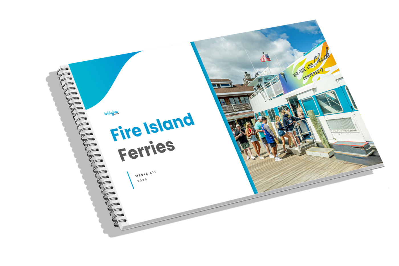 Fire Island Ferries Media Kit 2024 booklet cover shows ferry boarding at Fire Island dock, ideal for terminal and transit advertising visuals.