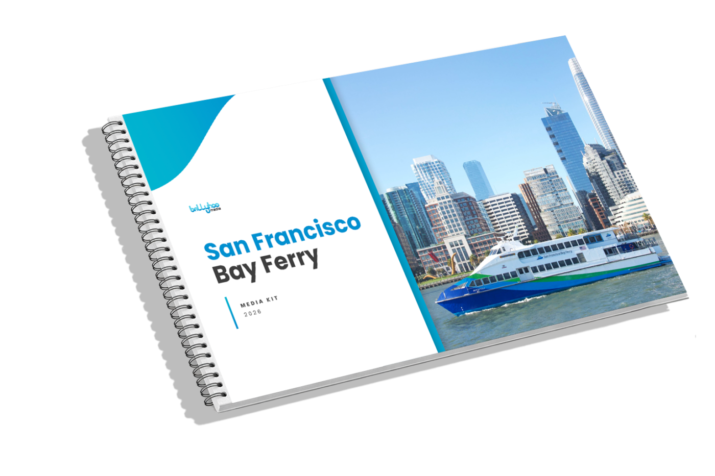 San Francisco Bay Ferry Media Kit 2024 booklet with ferry and cityscape, ideal for transit advertising or OOH in San Francisco Bay area.
