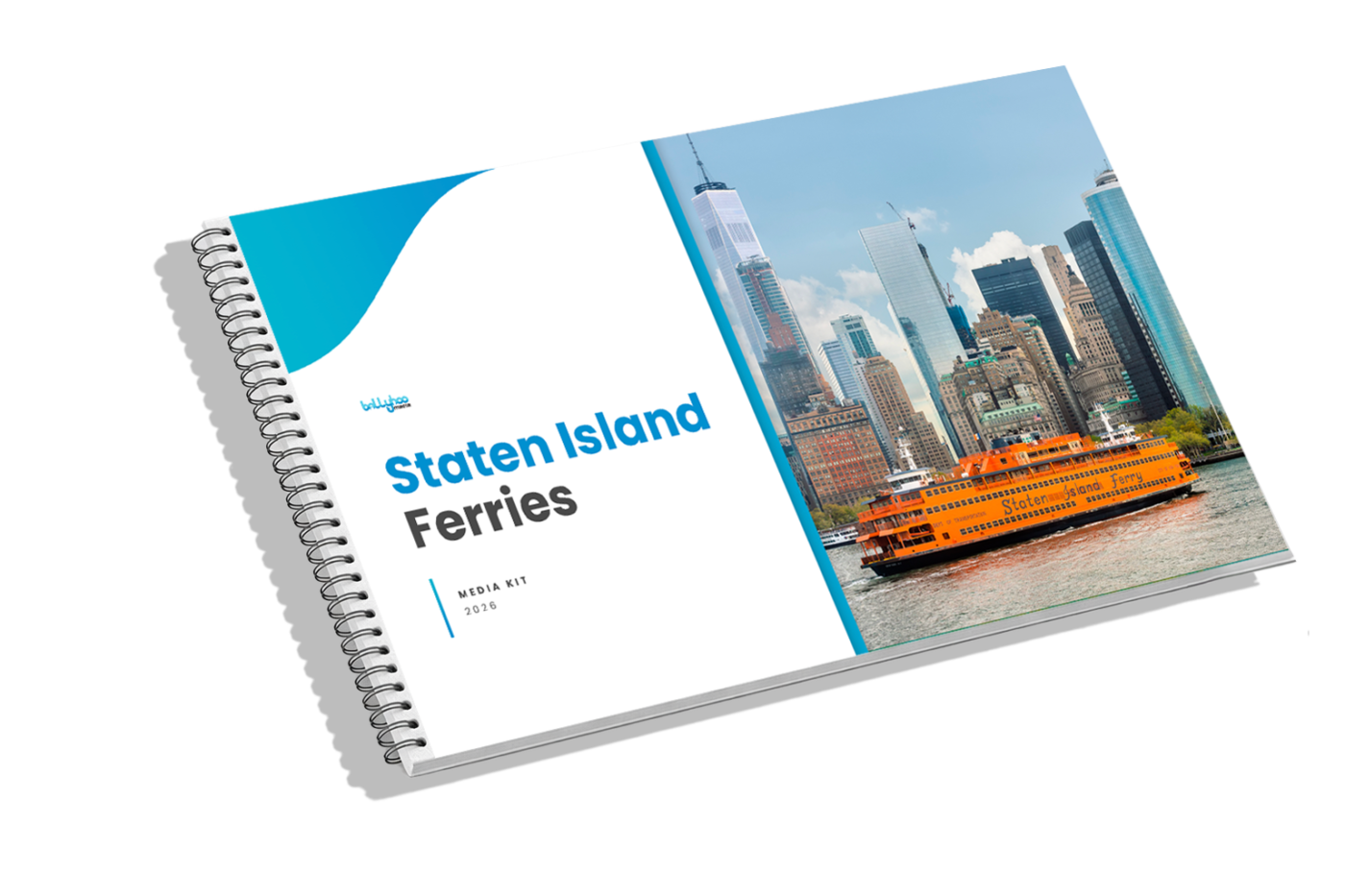Staten Island Ferries Media Kit 2018 booklet with orange ferry, Manhattan skyline; features transit advertising and Ferry Domination campaign.