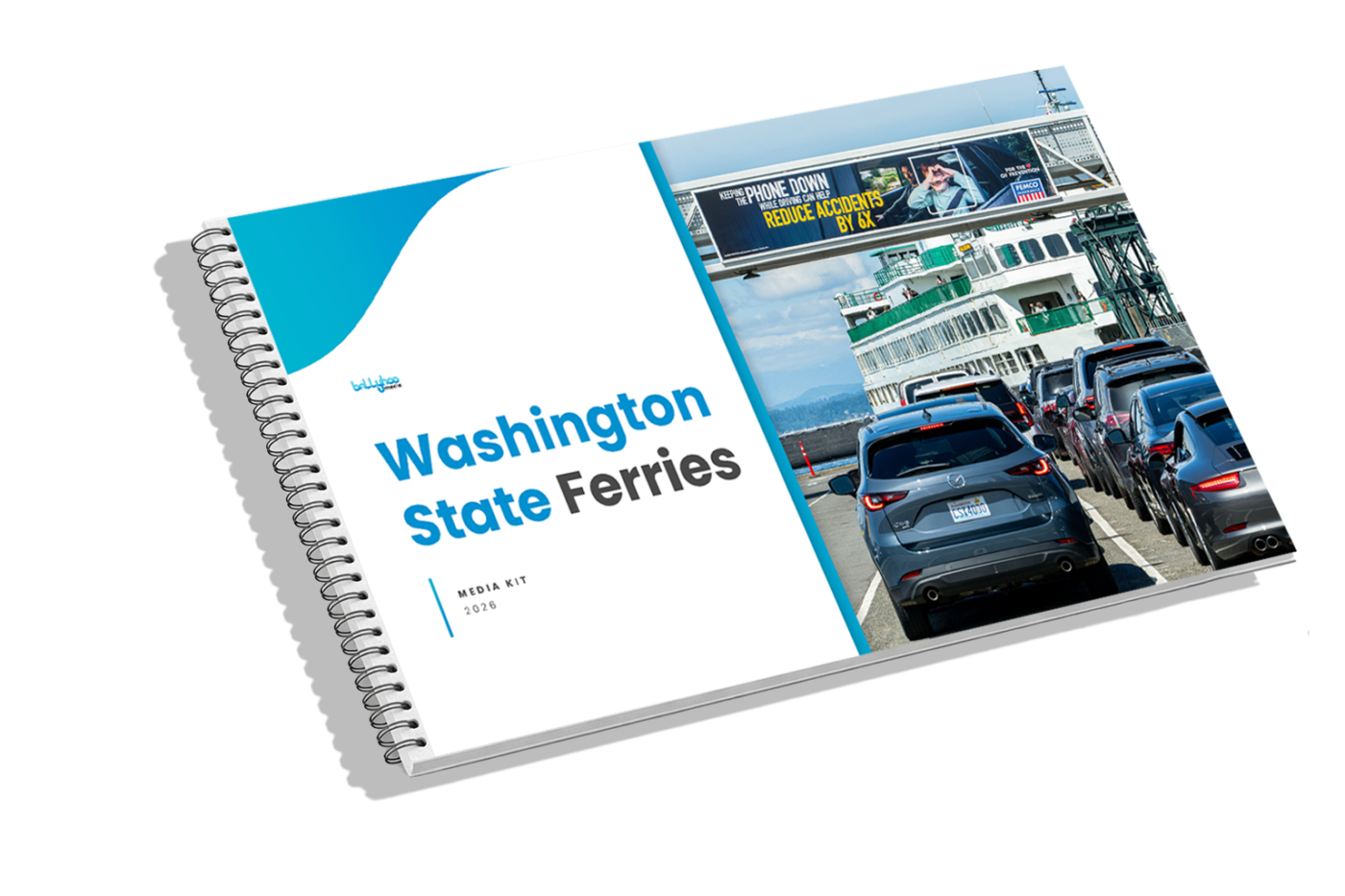 Washington State Ferries 2016 Media Kit booklet cover showing cars boarding a ferry under blue sky, ideal for transit and outdoor advertising in the Pacific Northwest.