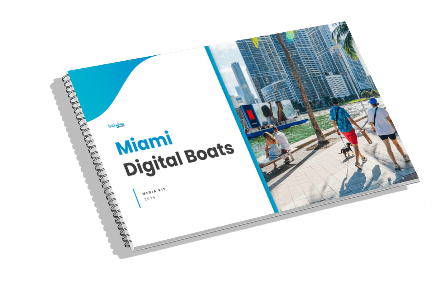 Miami Digital Boats Media Kit 2024 booklet with boats and waterfront OOH advertising images, Miami skyline, and Miami Beach in the background.