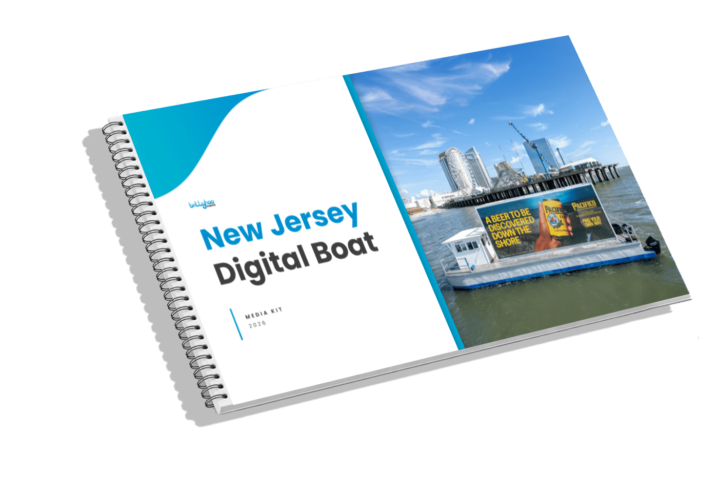 New Jersey Digital Boat Media Kit 2024 booklet cover with a boat featuring outdoor advertising gliding by city buildings and a pier, under blue sky.