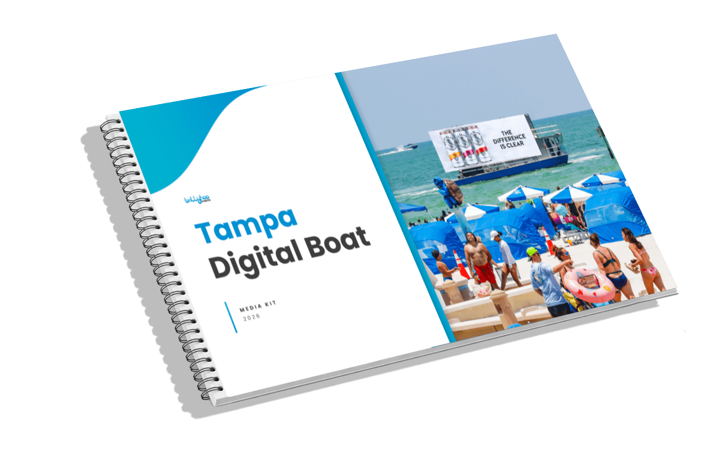 Tampa Digital Boat Media Kit 2024 booklet with Tampa beach, blue umbrellas, and floating DOOH billboard for outdoor advertising on water.