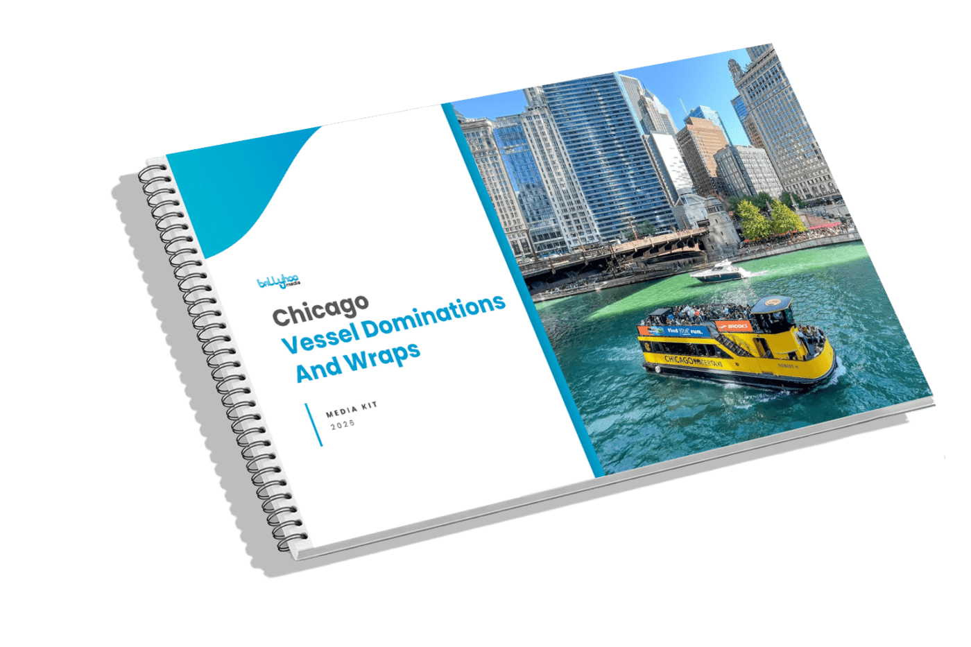 Chicago Vessel Dominations And Wraps Media Kit 2023 shows a yellow Chicago Water Taxis boat, highlighting transit advertising in city OOH settings.