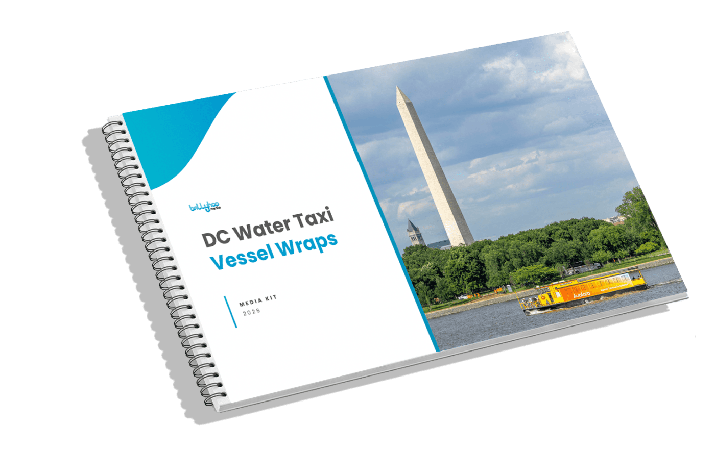 DC Water Taxi Vessel Wraps Media Kit 2024 booklet with Potomac River, Washington Monument; transit and outdoor advertising in Washington DC.
