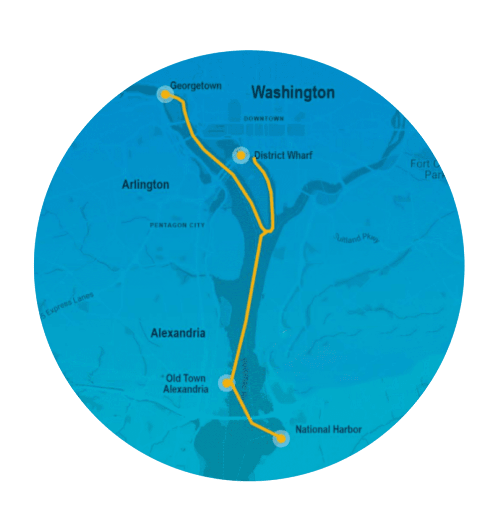 Circular map of transit advertising route linking Georgetown, District Wharf, Old Town Alexandria, National Harbor; orange lines on blue.