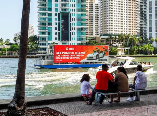 outdoor advertising on the Miami River, downtown Miami and Brickell with EZFILL targeting locals and boaters.